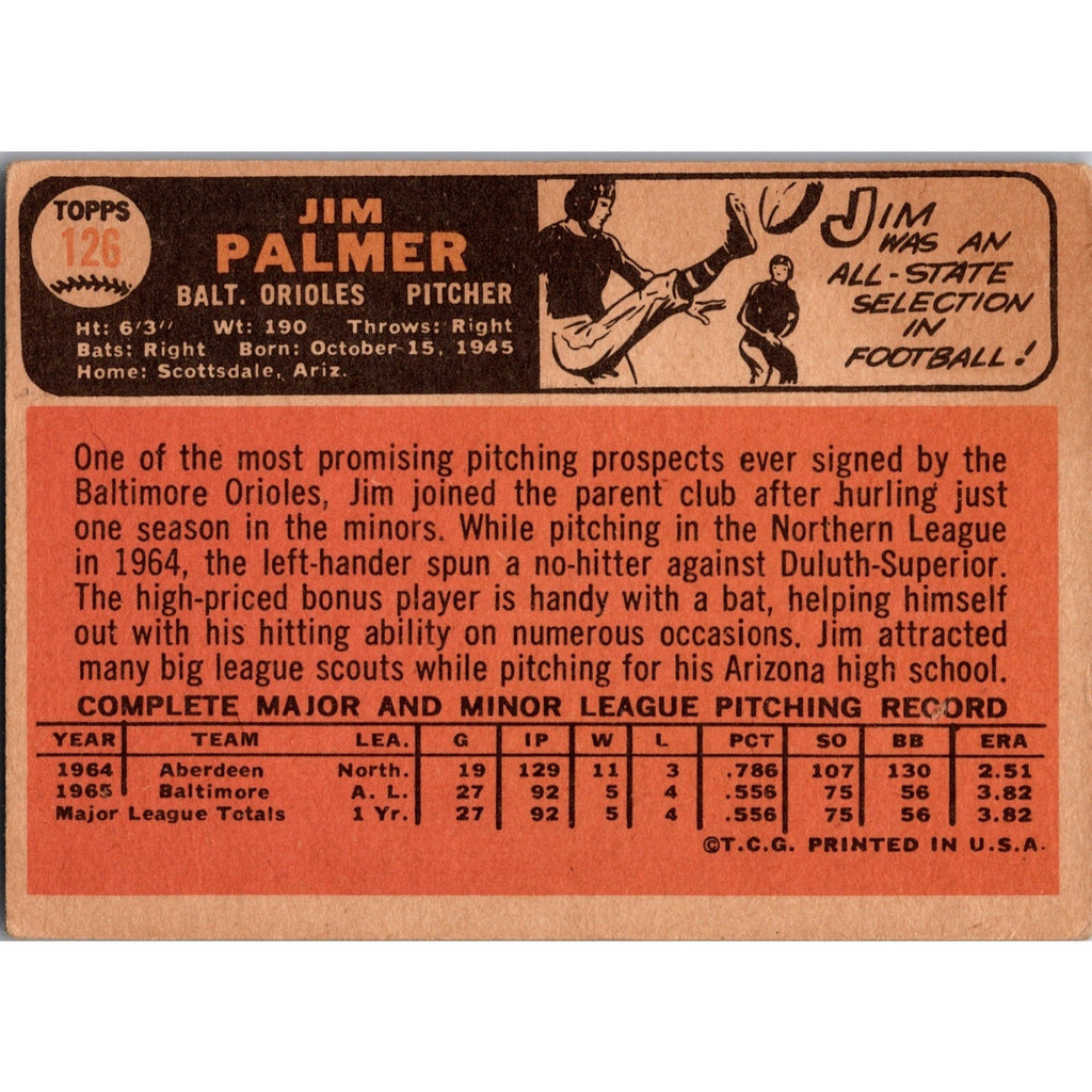 Jim Palmer 1966 Topps Rookie # 126 RC EX