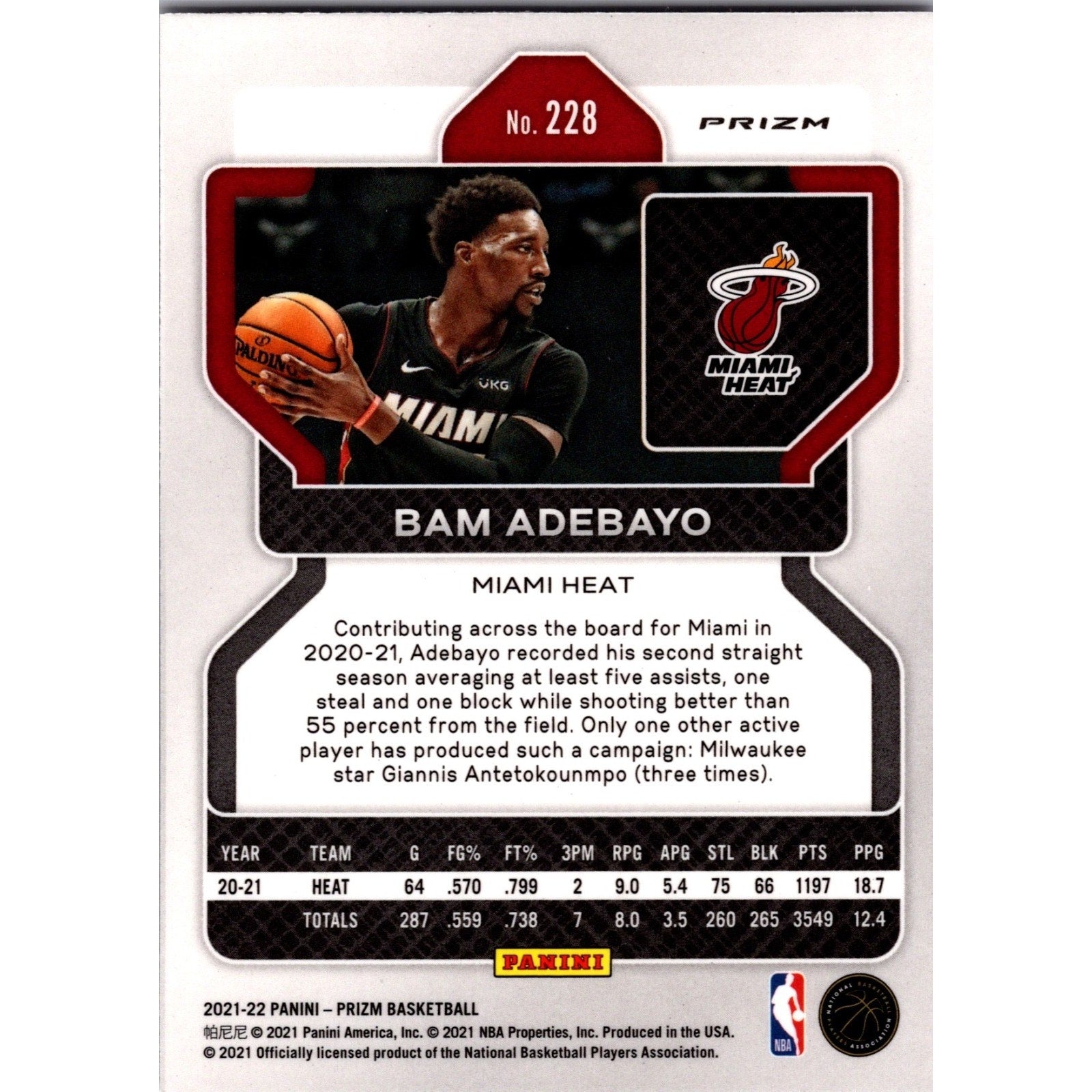 Bam Adebayo 2021-22 Panini Prizm Basketball Cracked Red Ice 228 Miami Heat Mint