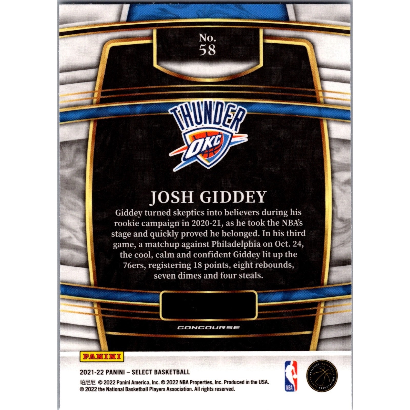 Josh Giddy 2021 Panini Select Concourse Silver Rookie Blue Prizm RC Thunder