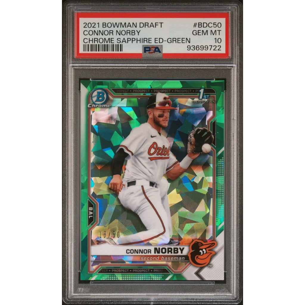 Connor Norby 2021 Bowman Draft Sapphire Edition Green BDC-50 PSA 10 Orioles /50
