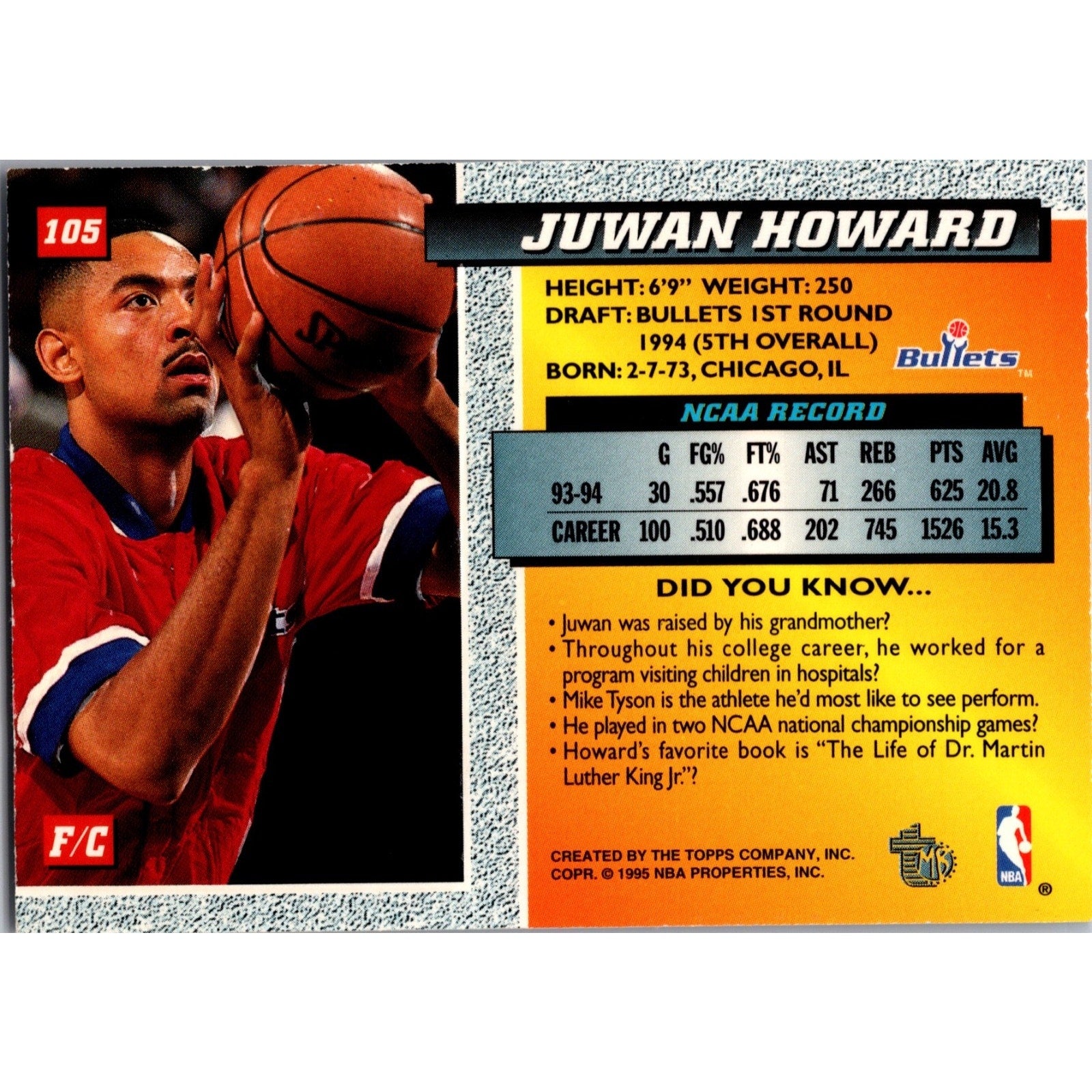 Juwan Howard 1995 Topps #105 1994 Draft Pick Silver Foil Rookie Bullets Mint