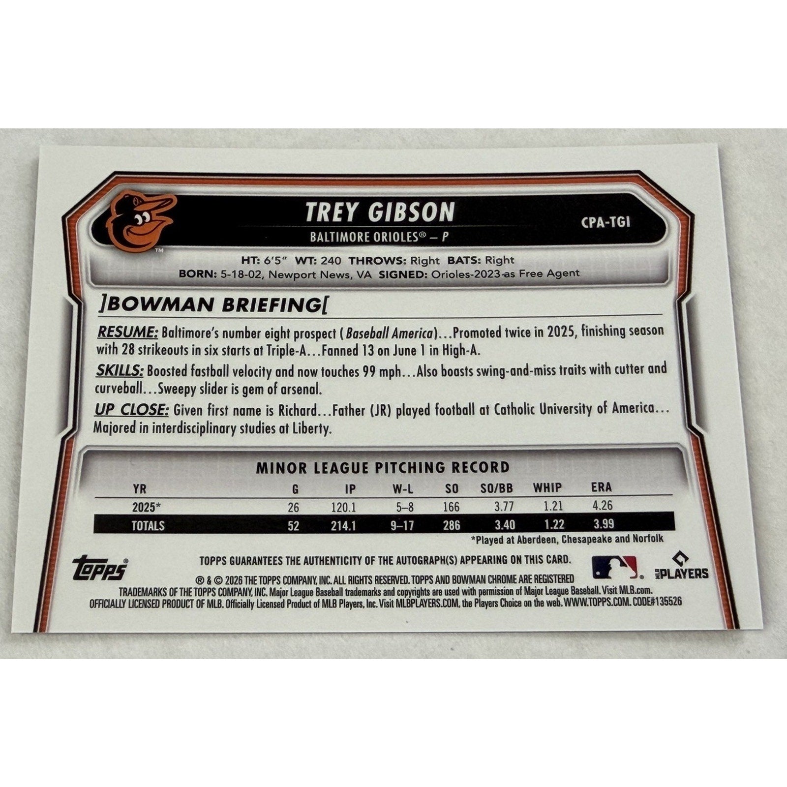 2026 Bowman Chrome 1st Bowman Trey Gibson Gold Shimmer Auto /50