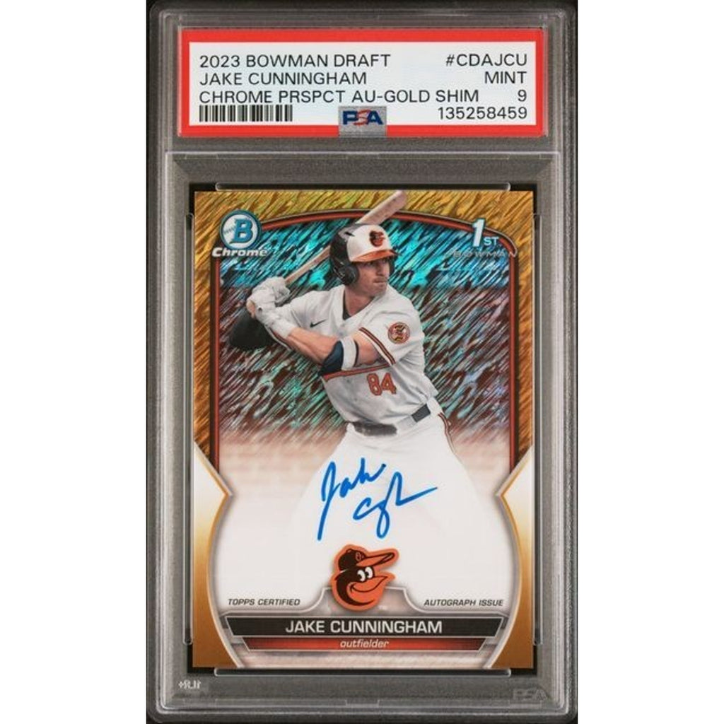 Jake Cunningham 2023 Bowman Chrome Draft Gold Shimmer Prospect Autograph /50 PSA 9