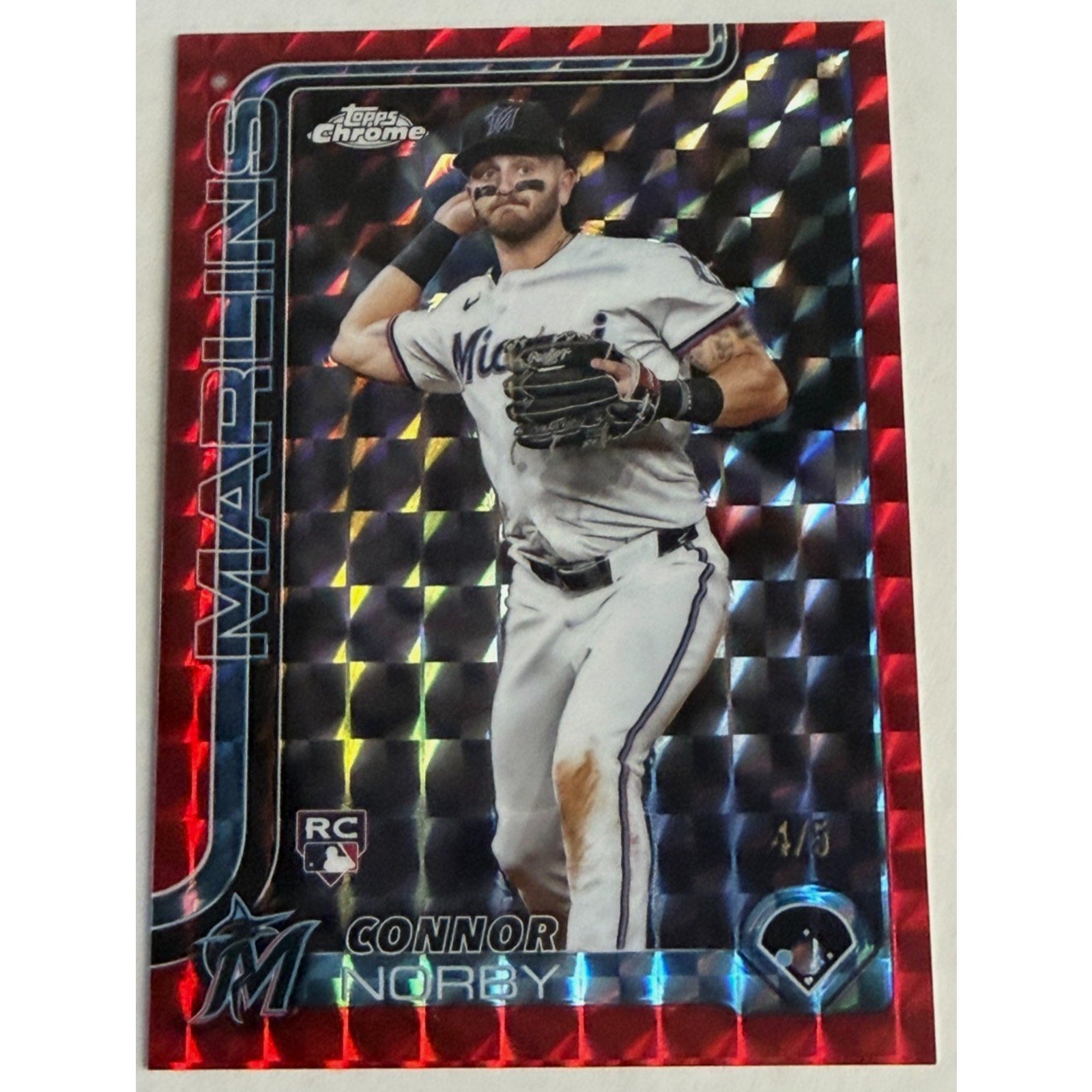 2025 Topps Chrome Connor Norby Red Geometric Refractor /5 #199 RC Rookie Marlin