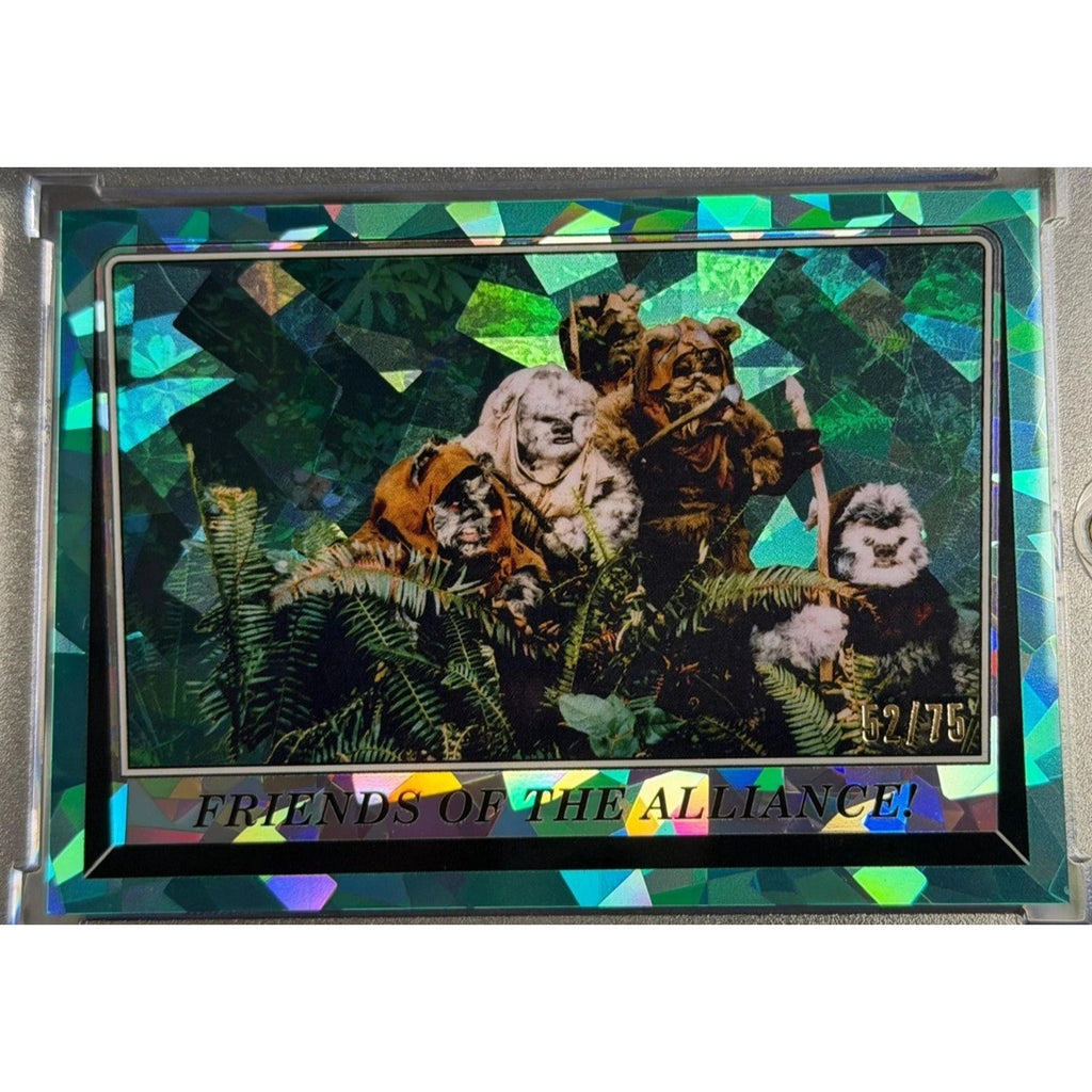 2025 Topps Star Wars Return of the Jedi Friends of the Alliance Ewoks Shattered Refractor card numbered 52 of 75 in magnetic holder