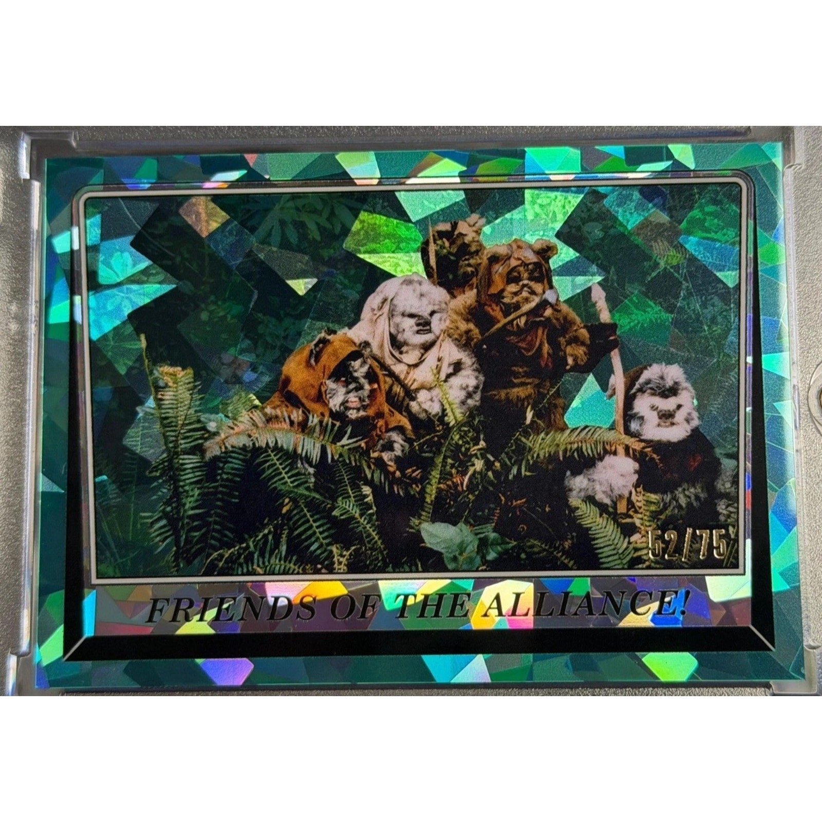2025 Topps Star Wars Return of the Jedi Friends of the Alliance Ewoks Shattered Refractor card numbered 52 of 75 in magnetic holder