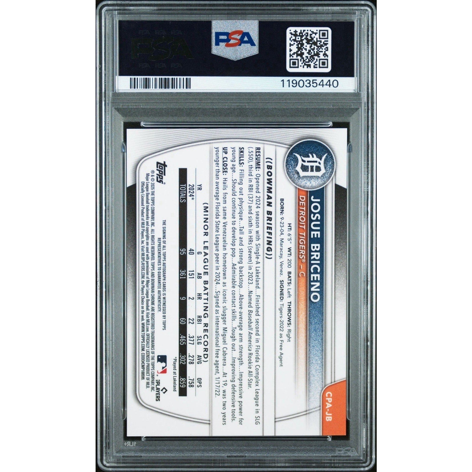 JOSUE BRICENO 2025 BOWMAN CHROME AUTO PSA 10 Auto 10 Tiger Prospect Rookie CPAJB