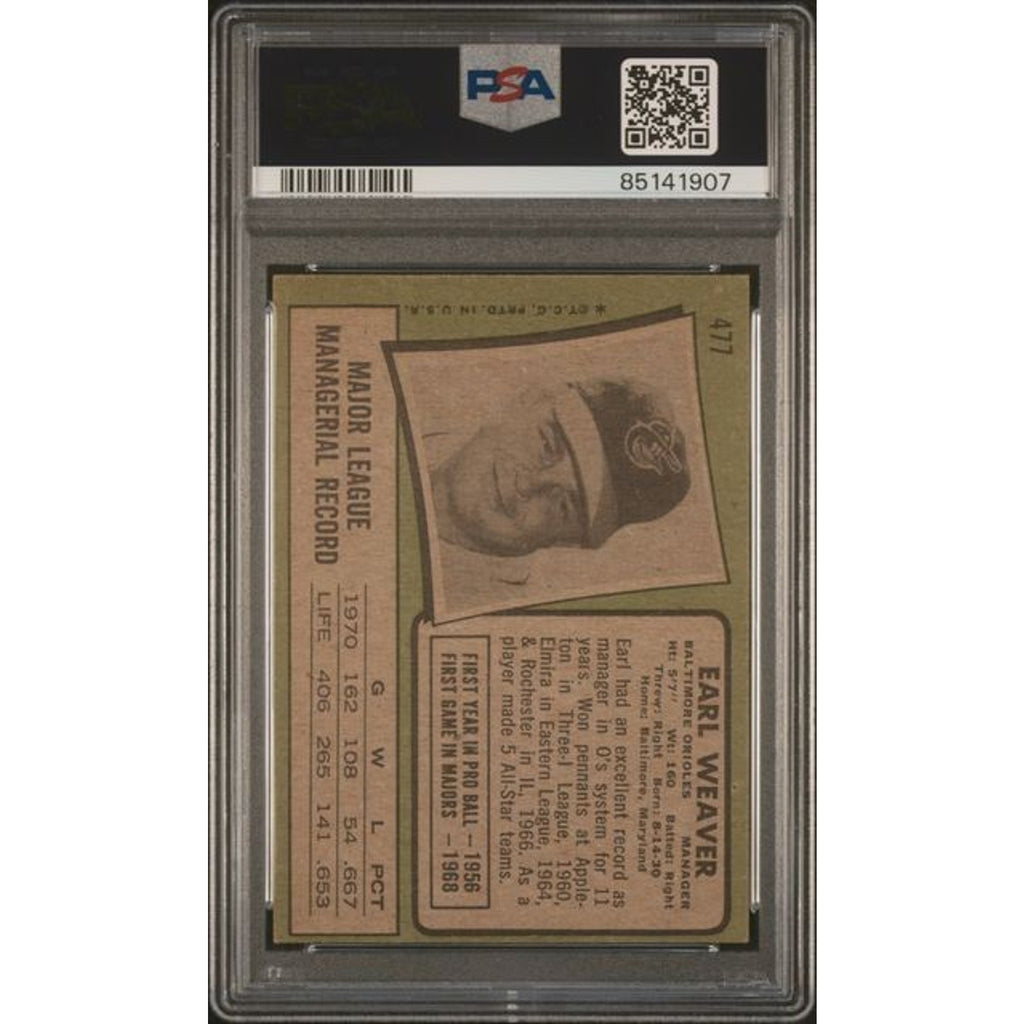 Back of 1971 Topps #477 Earl Weaver baseball card in PSA 4 graded slab