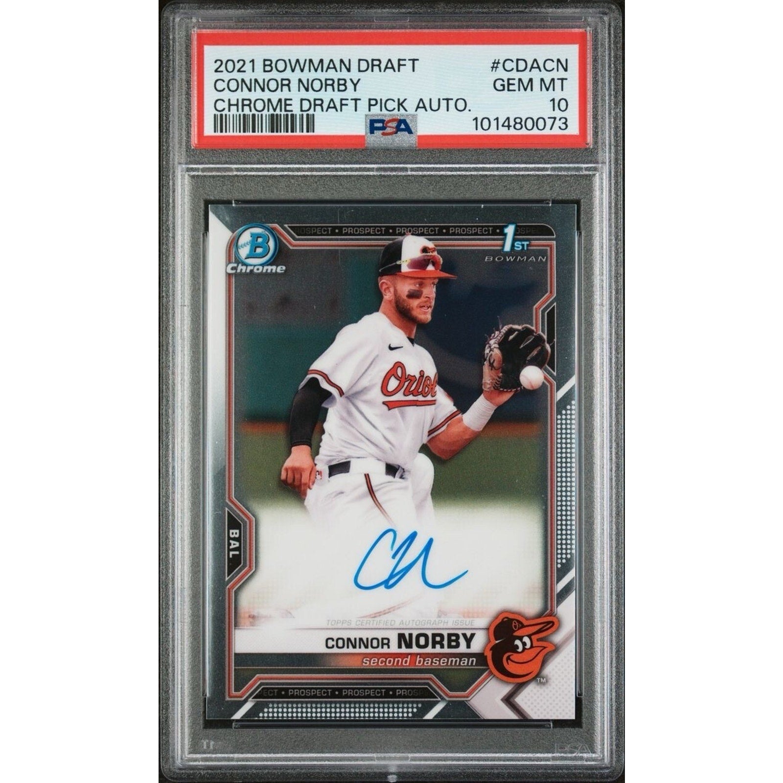 2021 Bowman Draft 1st Chrome Connor Norby Auto #BDC50 PSA 10 Mint Rookie RC