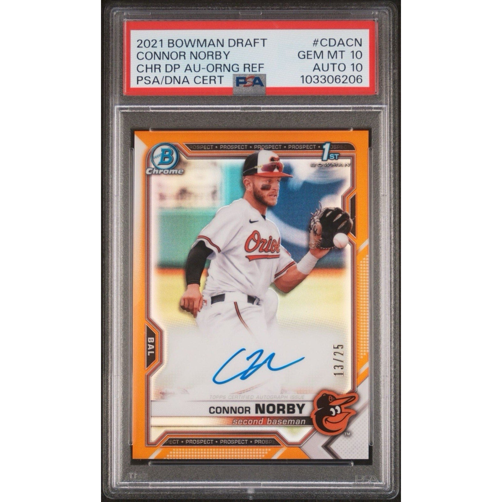 2021 Bowman Draft CONNOR NORBY Orange Refractor Auto /25 PSA 10 #CDA-CN Rookie