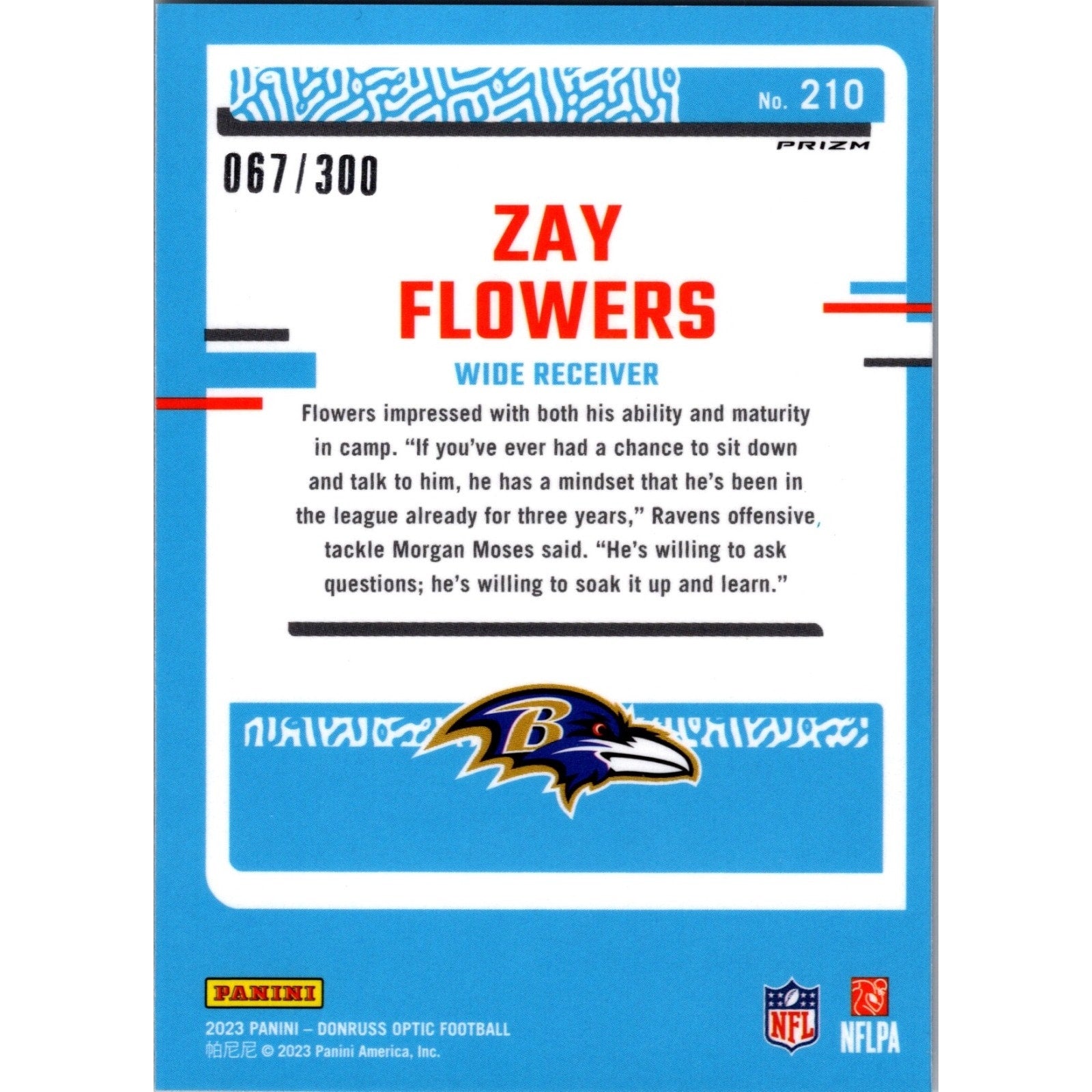 Zay Flowers 2023 Donruss Optic Rated Rookie Wave Prizm #210 /300 RC Mint