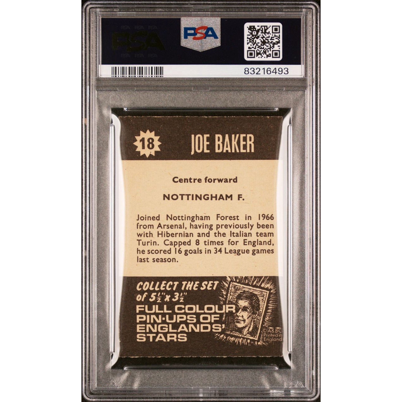 1967 JOE BAKER A & BC FOOTBALL STAR PLAYERS #18 PSA 5 Nottingham Forward Vintage