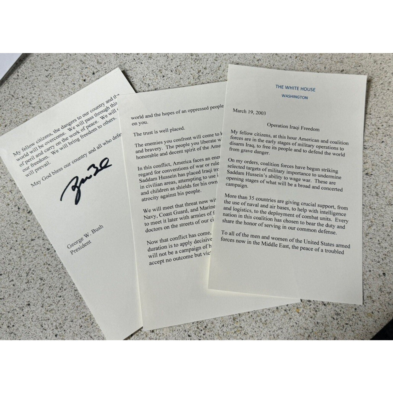 George W Bush Signed Souvenir Invading Iraq Speech COA 43 President USA