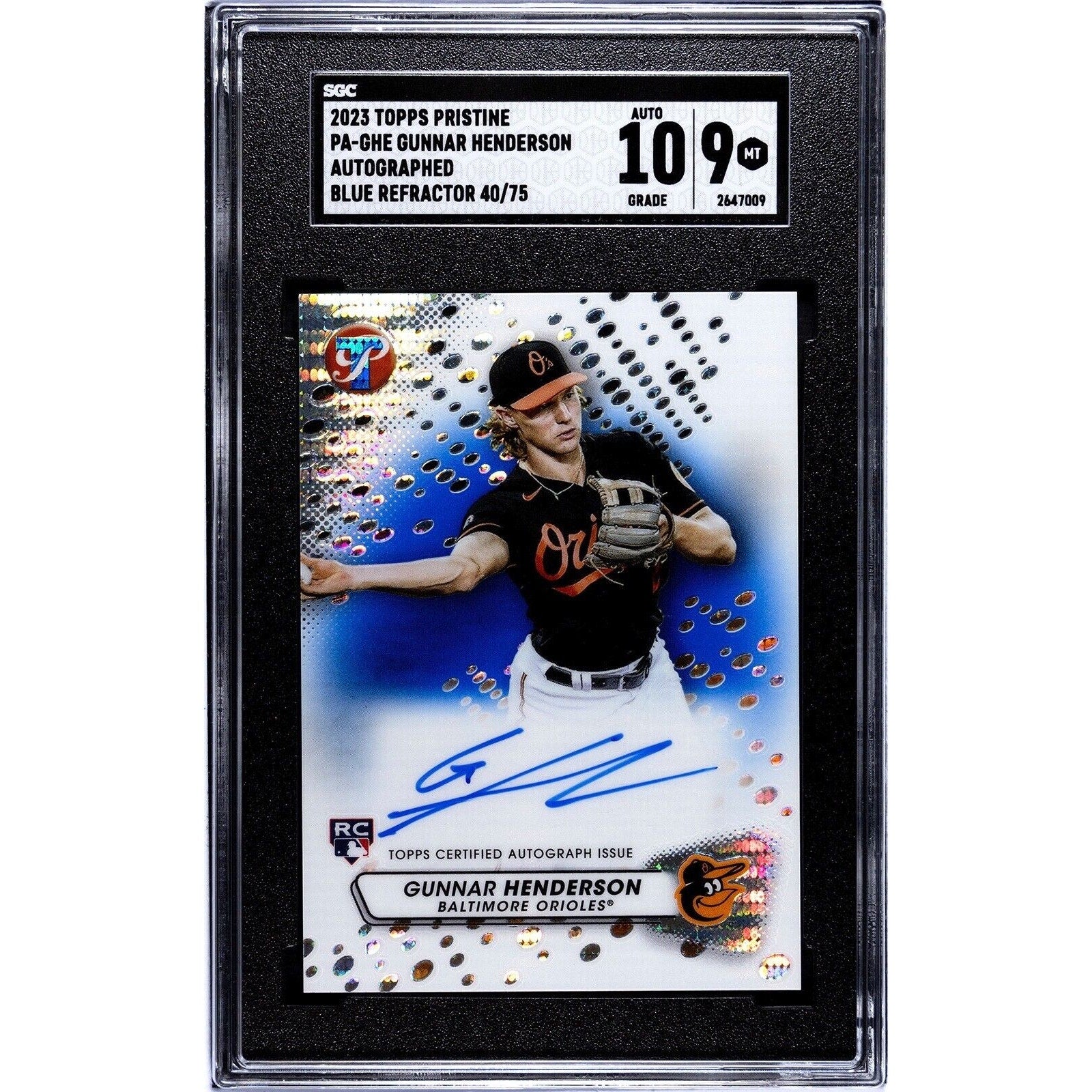 2023 Gunnar Henderson Topps Pristine Rookie Blue Refractor /75 SGC 9 Auto 10