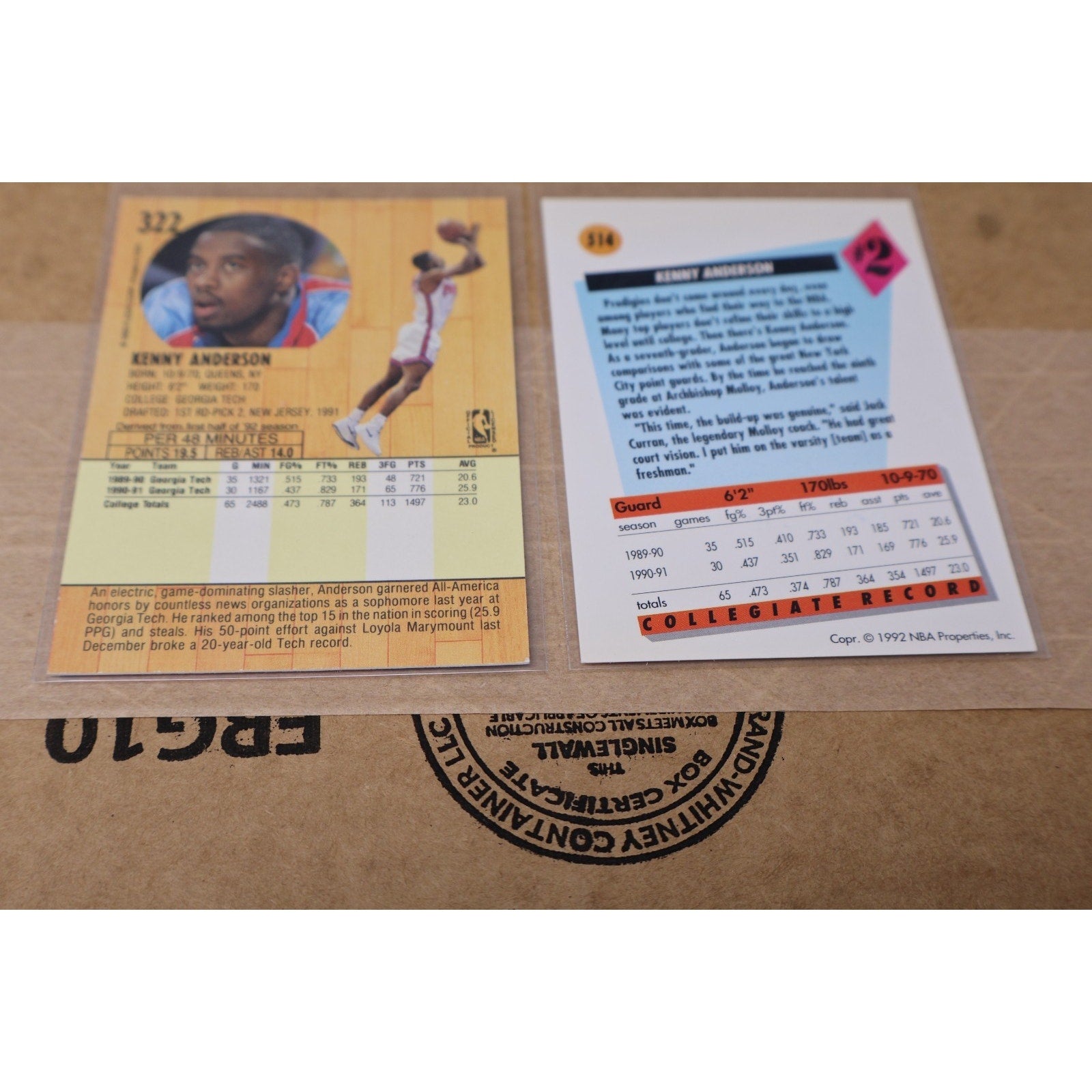 Lot Of 2 Kenny Anderson Signed Auto 1992 Fleer/Skybox Rookie Draft Cards Mint