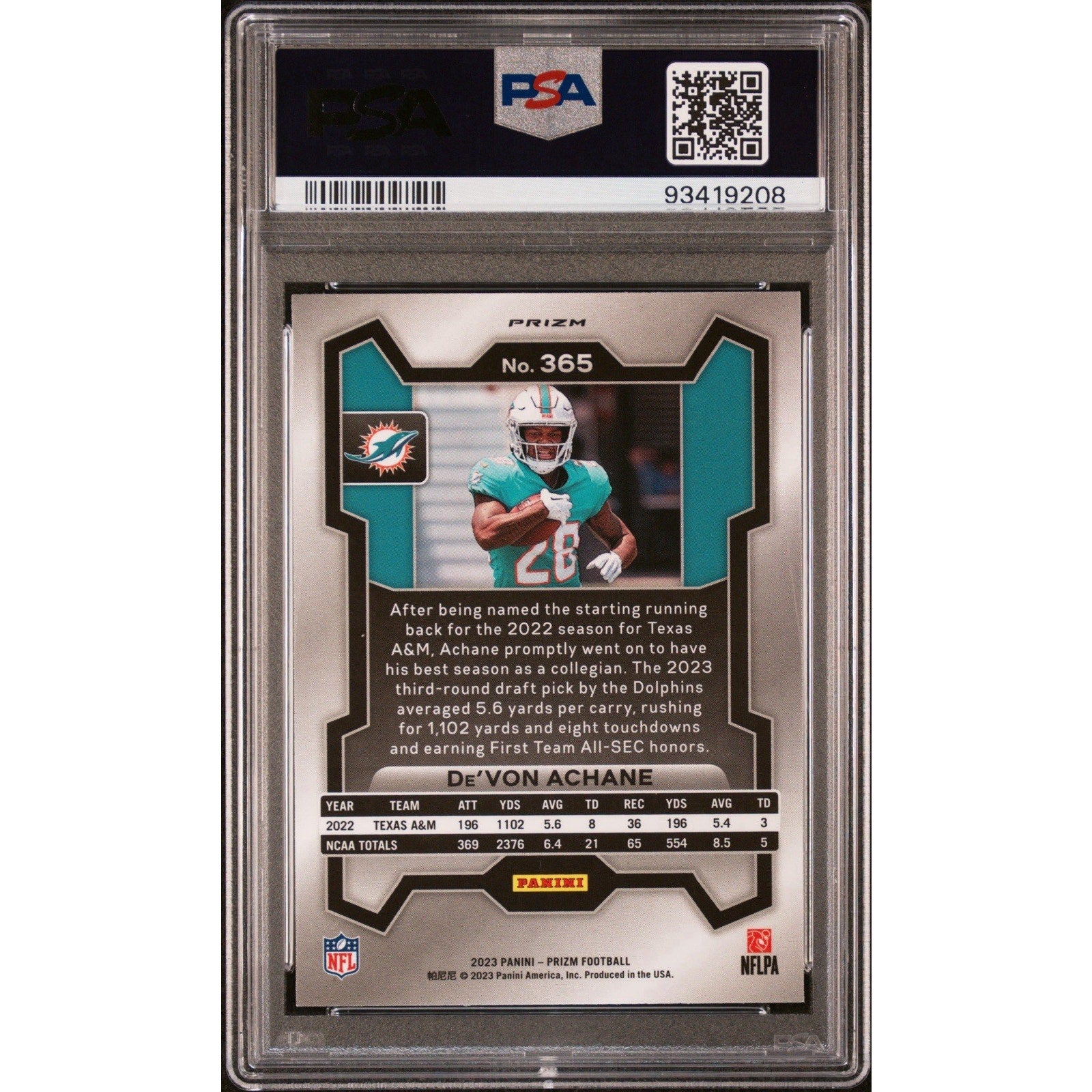 2023 Panini Prizm - Rookies De'Von Achane #365 Lazer Prizm PSA 10
