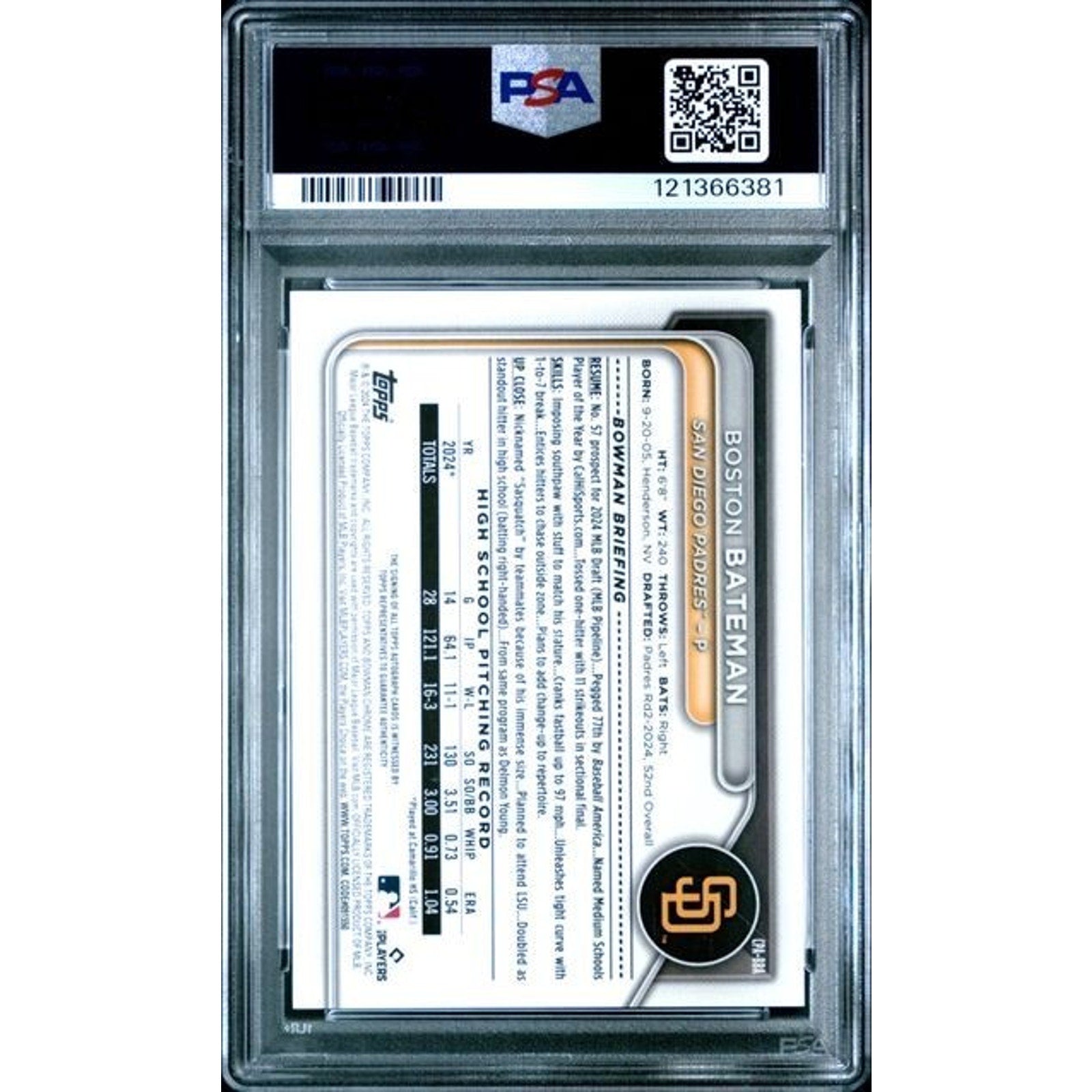 2024 Bowman Draft Chrome Prospect Boston Bateman Autograph Speckle Ref #CPABA PSA 9