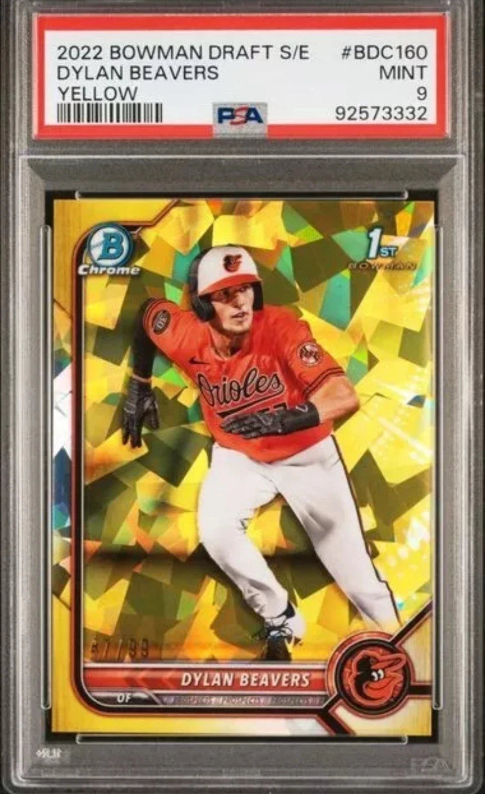 Baseball card of Dylan Beavers yellow sapphire PSA 9 grading label.