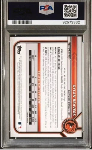 Baseball card of Dylan Beavers yellow sapphire PSA 9 grading label.
