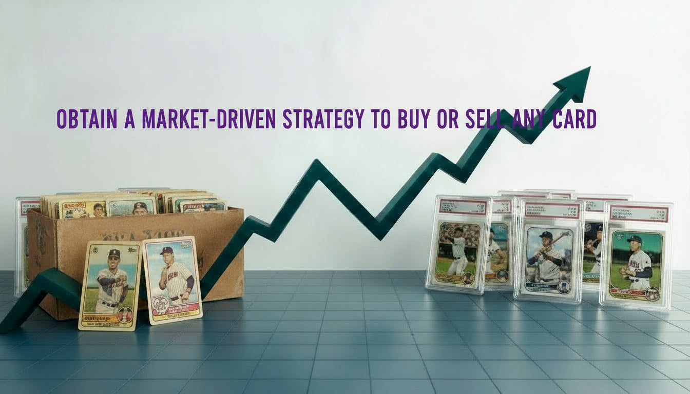 Baseball cards with a rising arrow graphic and text about market-driven strategy on a white background