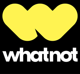 Whatnot logo with yellow hearts and white text on a black background